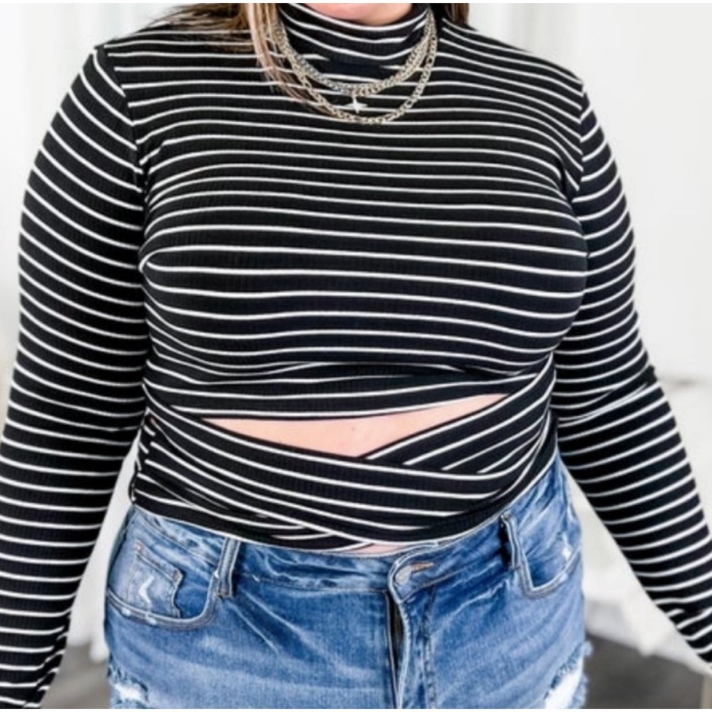 White Birch Black Striped Turtleneck Criss Cross waist long sleeve top